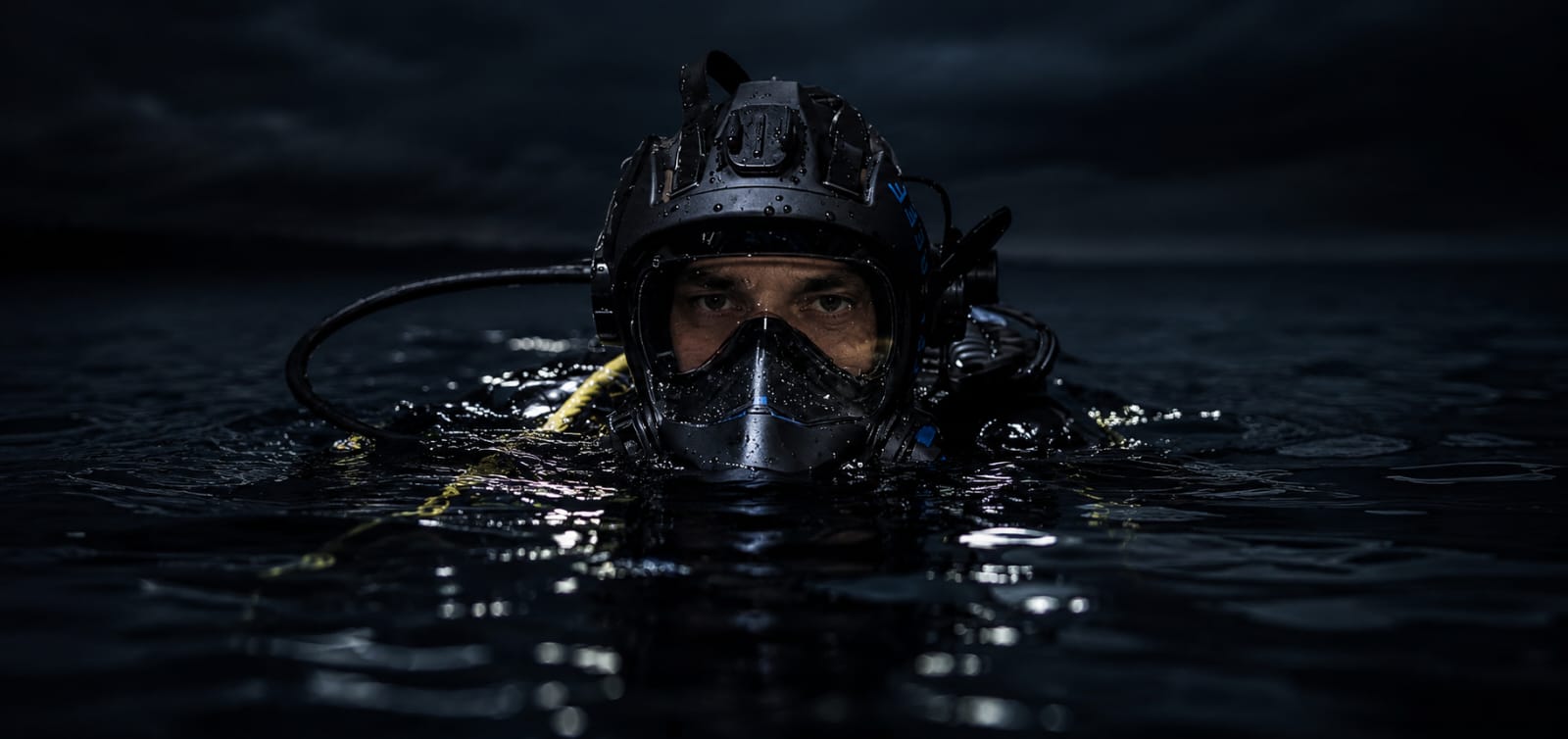 Taucher mit Vollgesichtsmaske an der Wasseroberfläche